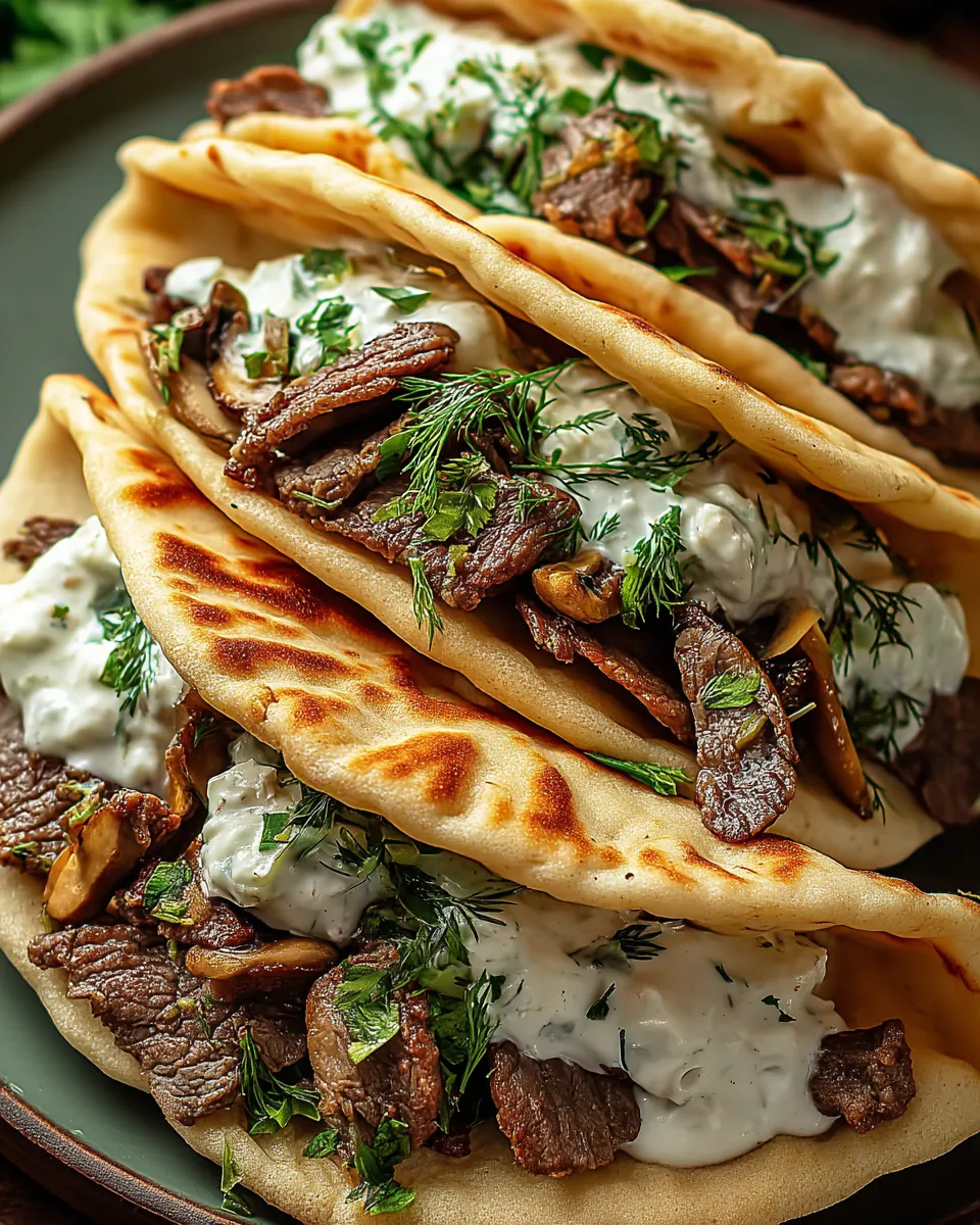 Pita-Taschen mit Rindfleisch und Pilzen und Tzatziki-Soße - Image 2