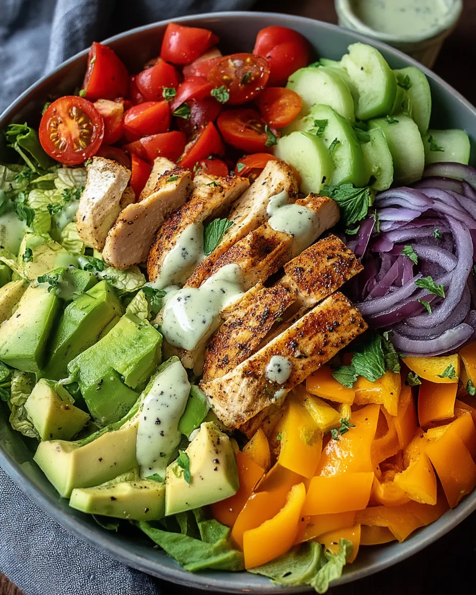 Bunte Salat Bowl mit Avocado, Hähnchen und Knoblauchdressing - Image 2